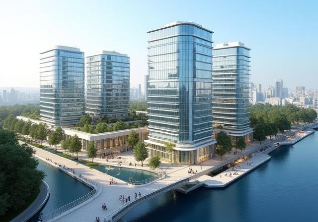 Fotorealistisk 3D-modell av et byggeprosjekt.