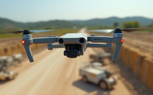 En profesjonell drone som flyr over et anleggsområde.