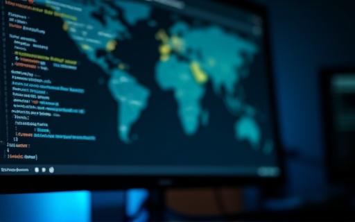 Kode på en skjerm med et kart i bakgrunnen.